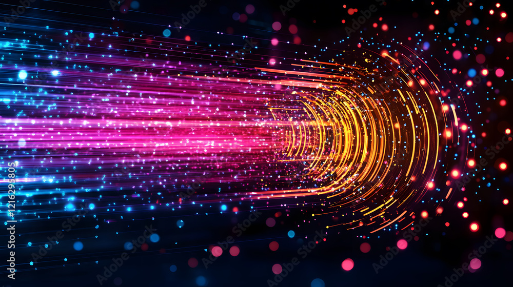 Poster A vibrant display of colorful light trails and particles, creating a sense of motion and energy against a dark backdrop