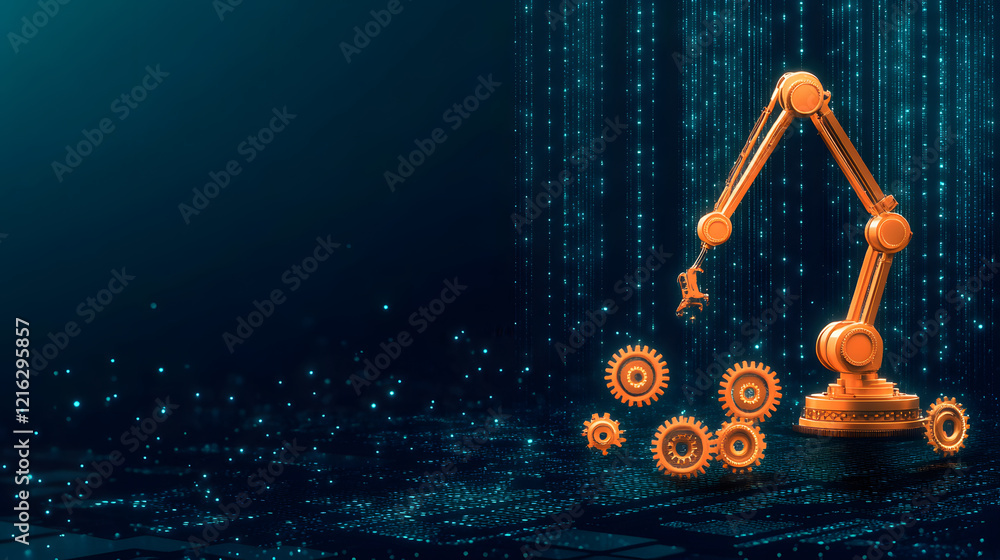 Poster A robotic arm interacts with gears in a digital environment, symbolizing automation and advanced technology