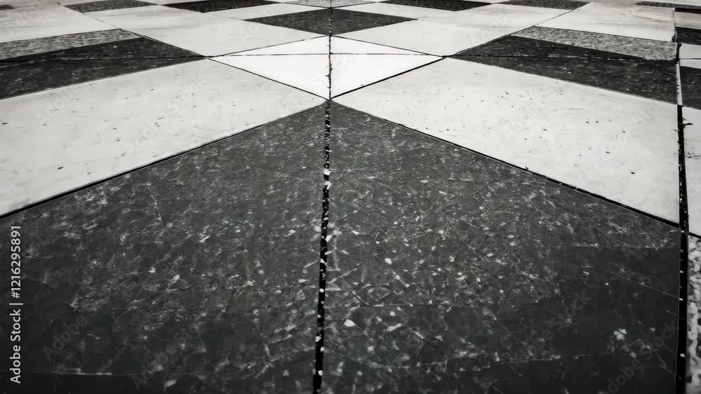Poster patterns of contrasting tiles on a ground surface create a striking visual in a unique geometric des