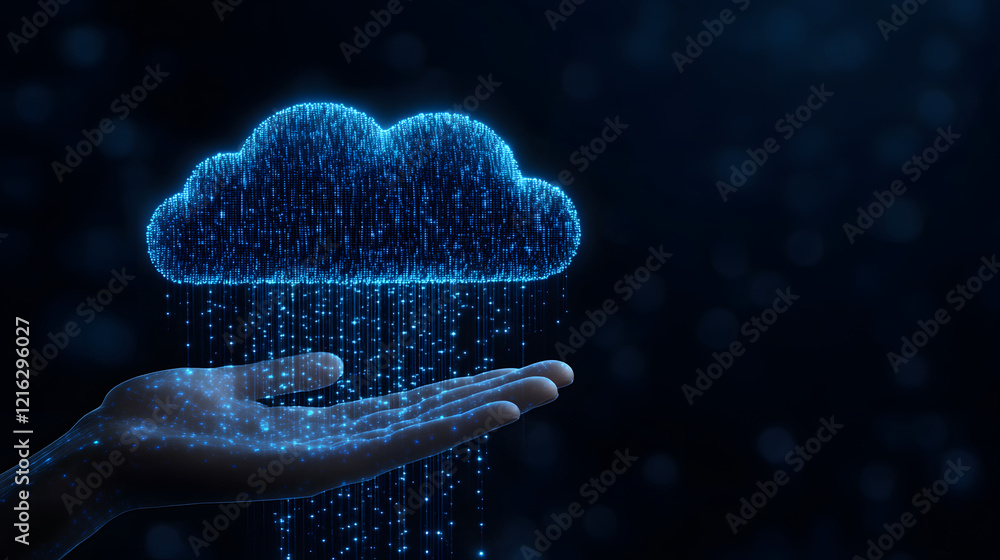 Poster A digital cloud emits rain while being held by a hand, symbolizing data transfer and cloud computing in a high-tech environment