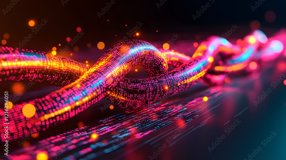Poster a vibrant, abstract representation of a flowing wave, featuring neon colors and glowing particles, s