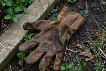 Dirty gardening glove abandoned on ground next to concrete border and green plants
