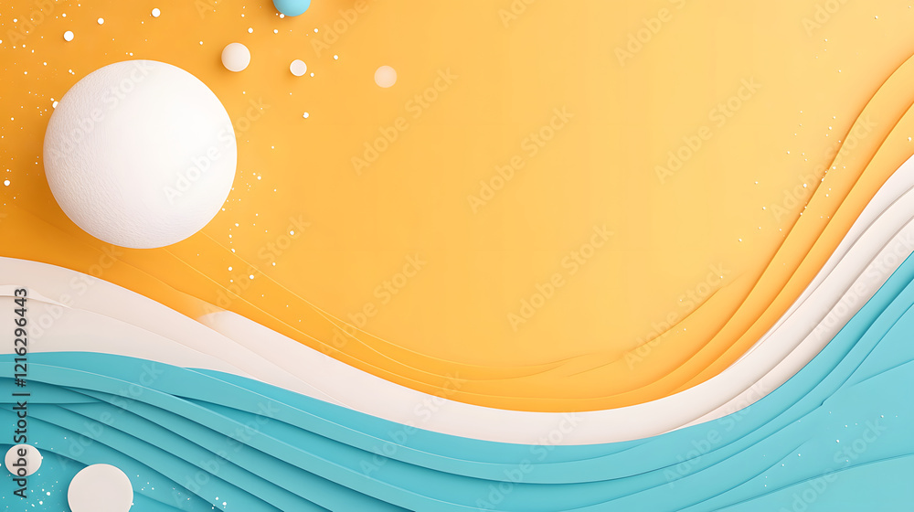 Poster a vibrant, abstract design featuring flowing lines and spherical shapes against a warm yellow backgr