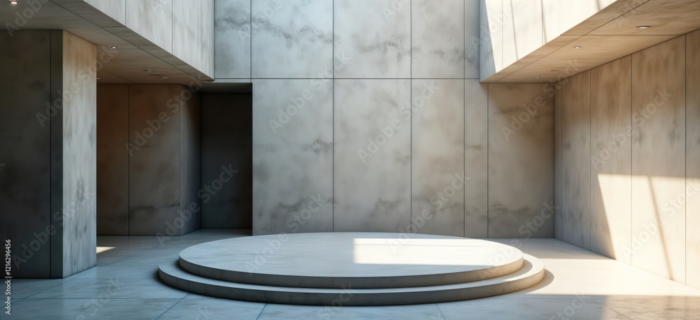 Poster Empty round podium sits in modern concrete room. Light streams into interior with abstract architectural design. Walls, floor show neutral color palette. Contemporary style, minimalist feel. Interior