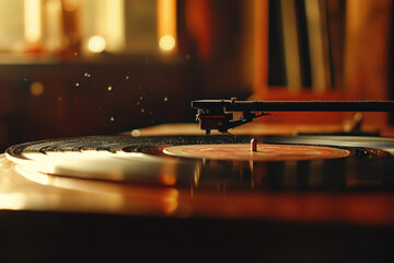 A close-up shot of a record player needle delicately tracing a vinyl record's grooves, capturing the essence of analog music.