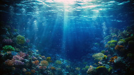 Fototapeta premium Mesmerizing Underwater Scene: Vibrant Coral Reef, Sunlight Rays, and Diverse Marine Life