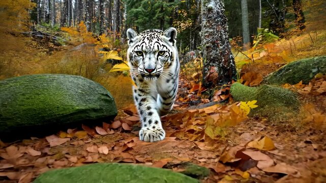 Snow leopard walking through a vibrant autumn forest with colorful foliage and rocks