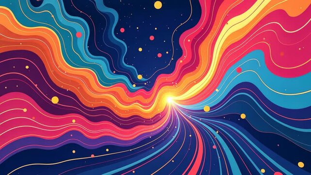 A colorful painting of a rainbow with a sun in the middle. The sun is surrounded by a bunch of stars