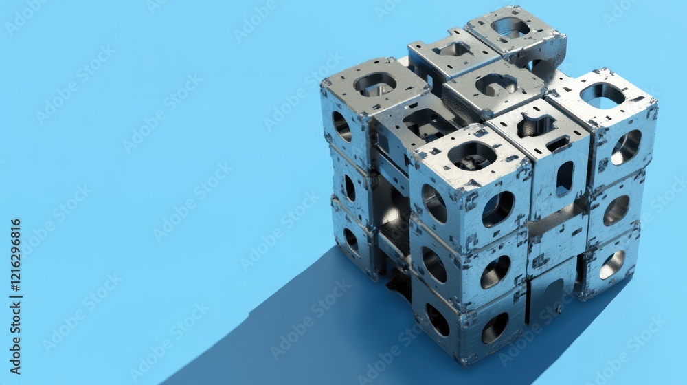 Poster metallic cube structure composed of small cubes blue background
