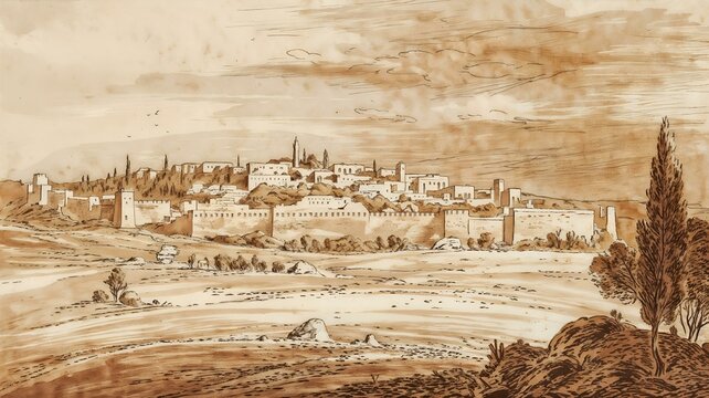 Historic Jerusalem landscape illustration with ancient city walls and serene surroundings