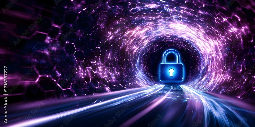 Poster a glowing lock in a swirling digital tunnel, symbolizing security and encryption in a high-tech envi