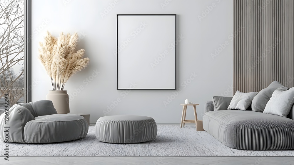 Poster minimalist and stylish living room interior with an empty iso a paper size frame mockup on a clean w