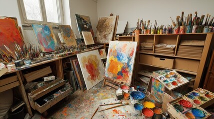 Messy Artists Studio Filled with Vibrant Paintings and Supplies