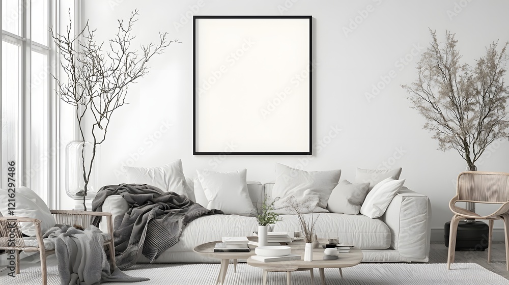 Aufkleber Cozy and Sophisticated Minimalist Living Room Setting with Wall Mounted Frame Mockup and Soft Warm Lighting Creating a Peaceful Inviting Atmosphere