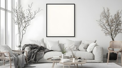 Cozy and Sophisticated Minimalist Living Room Setting with Wall Mounted Frame Mockup and Soft Warm Lighting Creating a Peaceful Inviting Atmosphere