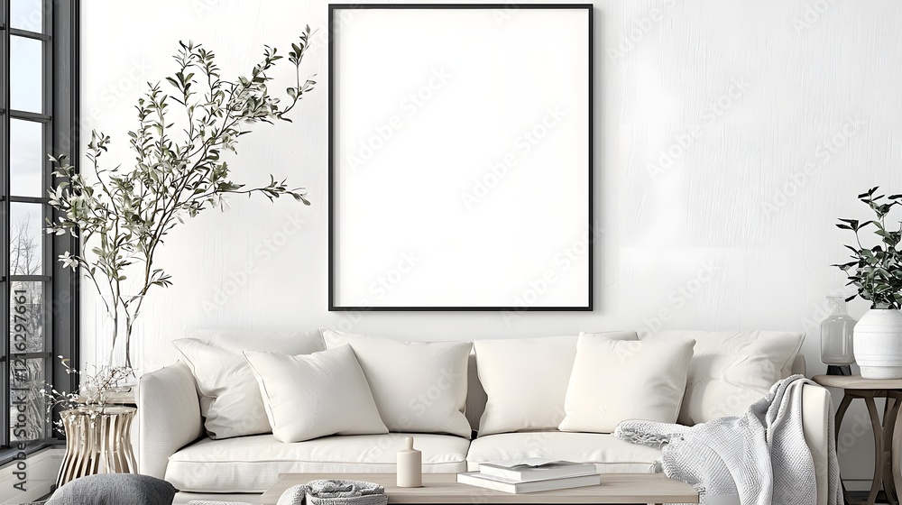 Poster elegant contemporary living room interior with a blank iso a size paper frame mockup displayed on a 