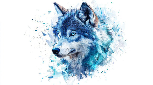 Low poly wolf head with icy blue and cyan glowing geometric patterns, isolated on a bright white background
