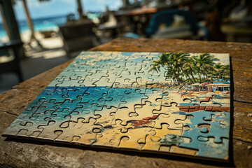 Naklejka premium Incomplete beach scene jigsaw puzzle on wooden table, tropical beach setting, partially assembled.