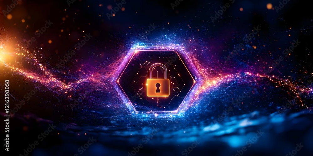 Aufkleber a digital representation of a locked padlock within a colorful, glowing hexagonal shape, symbolizing