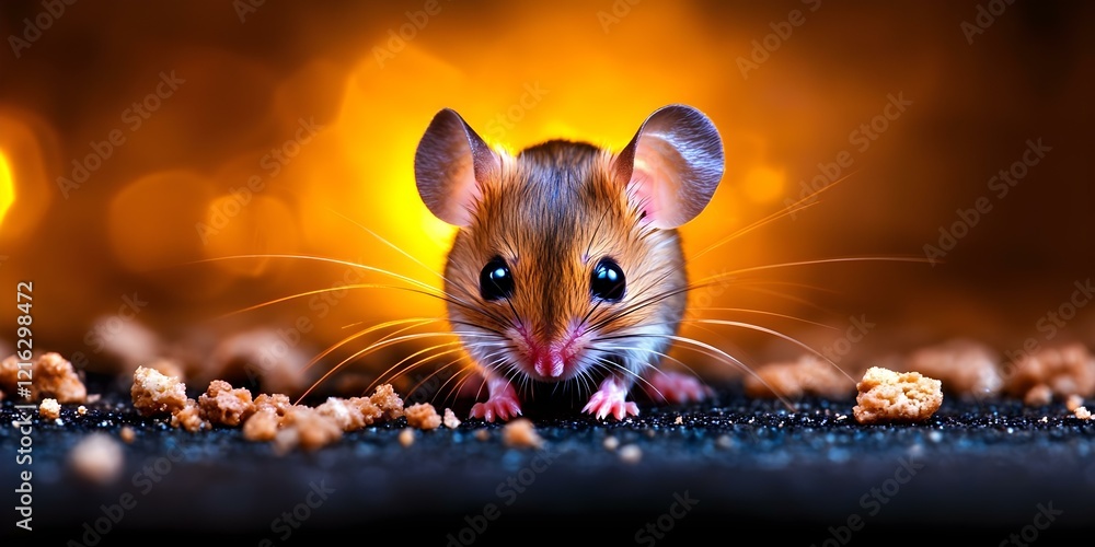 Poster a close-up of a small mouse with large ears and whiskers, exploring a surface scattered with crumbs.