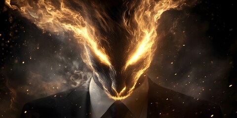 A figure in a suit with a fiery, monstrous head, featuring glowing orange eyes and flames emanating from its face. Concept Monstrous Elegance, Fiery Head Transformation, Glowing Orange Eyes