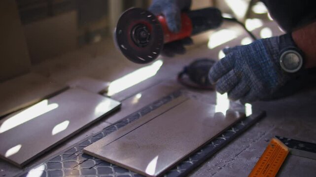Worker cutting ceramic tile with angle grinder
