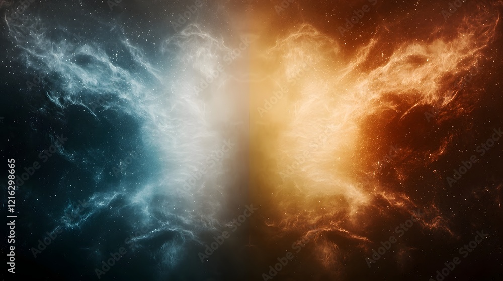 Aufkleber intense celestial battle of good vs evil in cosmic fiery backdrop visually striking composition high