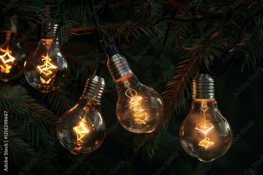 Poster light bulbs illuminating a pine tree branch, creating a warm and festive atmosphere