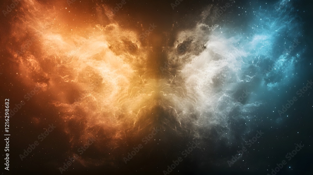 Poster cosmic backdrop showcasing the eternal struggle of good and evil in a visually striking and intense 