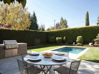 Obraz premium Backyard Patio Dining Area with Pool and Grill