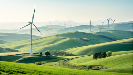 Wind turbines on green hills in Tuscany, Italy, Europe