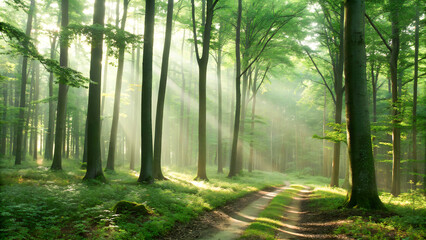 Obraz premium Morning in the forest with sunbeams passing through the tree trunks