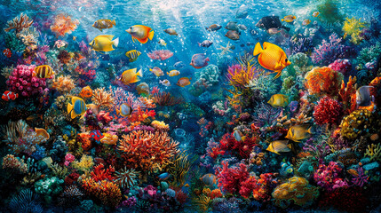 Naklejka premium Vibrant Coral Reef: Underwater Paradise of Colorful Fish and Marine Life