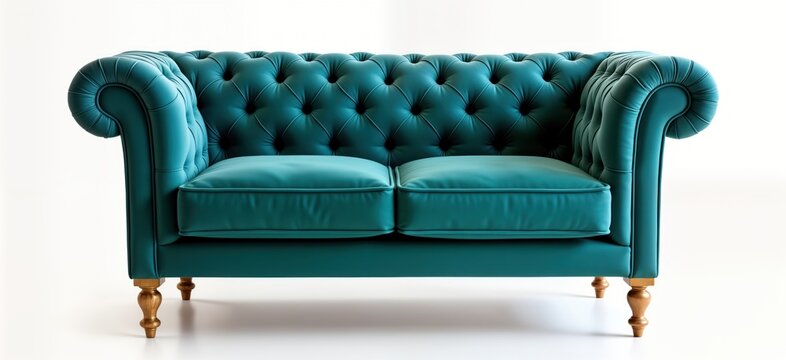 Teal suede sofa with wooden legs. Classic design. Upholstered furniture piece. Luxurious look. Perfect for living room. Ideal for home decor. Modern, elegant. High-quality materials. Comfortable