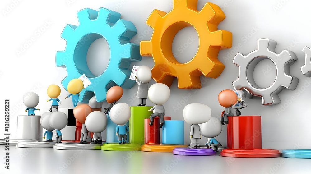 Aufkleber Colorful 3D cartoon characters working together in a dynamic environment strategizing and planning for business growth and success through collaborative problem solving and workflow optimization