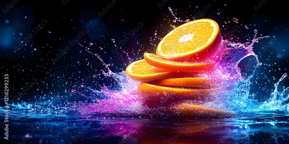 Poster slices of orange splashing in water, with vibrant colors and dynamic lighting creating a refreshing 