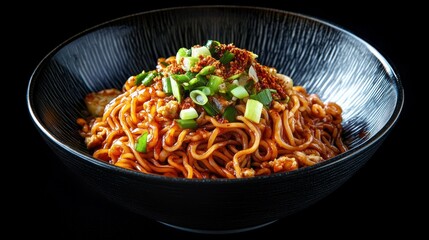 Noodles with egg, green onion, meat, beef, chicken and chili. Japanese ramen noodle  in black bowl, top view. Spicy Korean noodle soup in a bowl  overhead view on a wooden table.