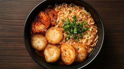 Noodles with egg, green onion, meat, beef, chicken and chili. Japanese ramen noodle  in black bowl, top view. Spicy Korean noodle soup in a bowl  overhead view on a wooden table.