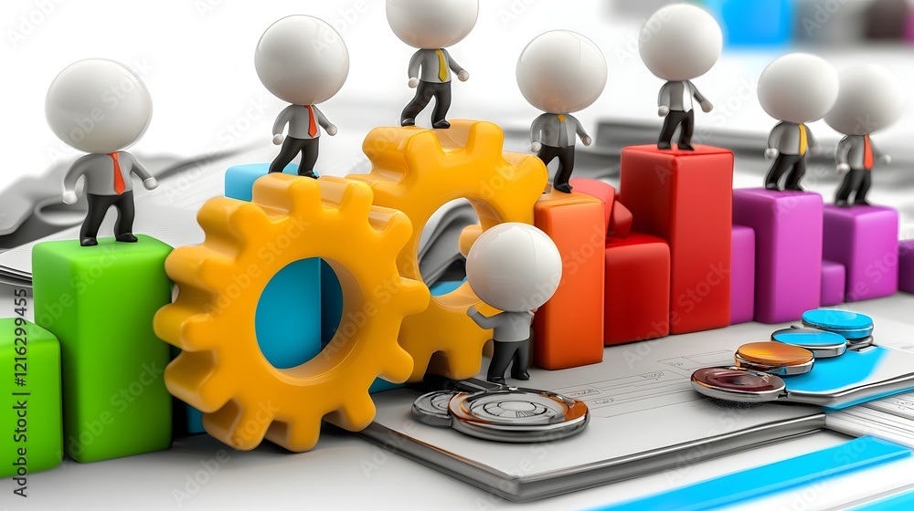 Poster business teamwork concept with 3d cartoon characters sharing ideas and working on a business plan in