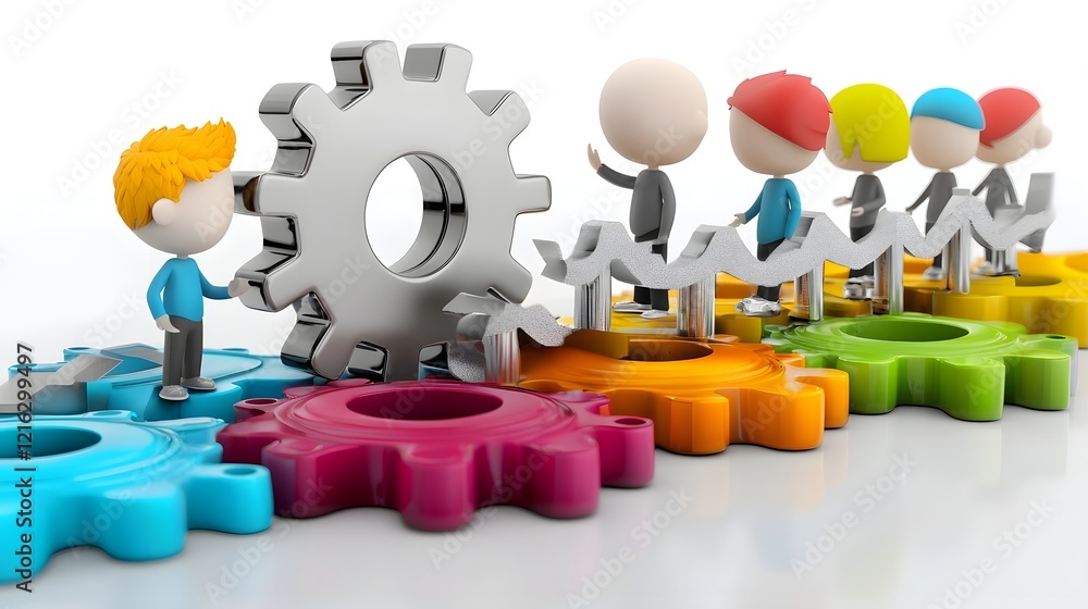 Poster 3d of cartoon characters collaborating in a modern office discussing and developing a new business s
