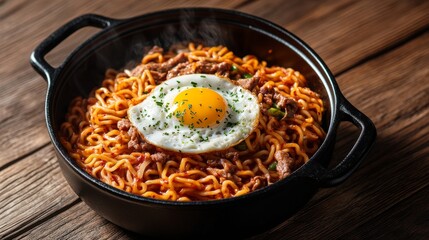 Noodles with egg, green onion, meat, beef, chicken and chili. Japanese ramen noodle  in black bowl, top view. Spicy Korean noodle soup in a bowl  overhead view on a wooden table.
