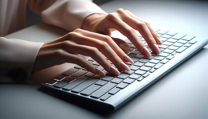 Realistic human hand typing on keyboard mockup design display background