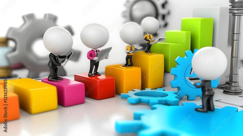 Aufkleber 3D Cartoon Characters Collaborating in a Modern Corporate Setting Strategizing and Making Informed Business Decisions Based on Data Analysis and Visualization
