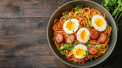 Noodles with egg, green onion, meat, beef, chicken and chili. Japanese ramen noodle  in black bowl, top view. Spicy Korean noodle soup in a bowl  overhead view on a wooden table.