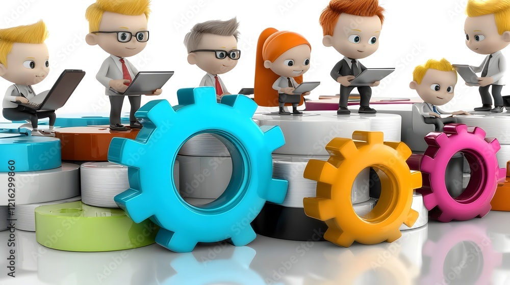 Leinwandbilder cartoon characters working together in a friendly office environment utilizing digital tools and tea