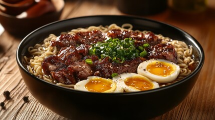 Noodles with egg, green onion, meat, beef, chicken and chili. Japanese ramen noodle  in black bowl, top view. Spicy Korean noodle soup in a bowl  overhead view on a wooden table.