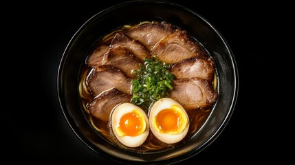 Noodles with egg, green onion, meat, beef, chicken and chili. Japanese ramen noodle  in black bowl, top view. Spicy Korean noodle soup in a bowl  overhead view on a wooden table.