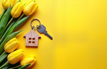 Spring tulips, wooden house-shaped keyring with key on bright yellow background. Summer offer for new home. Real estate purchase rent concept. Great for real estate agents, moving companies. Good for