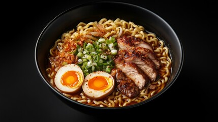Noodles with egg, green onion, meat, beef, chicken and chili. Japanese ramen noodle  in black bowl, top view. Spicy Korean noodle soup in a bowl  overhead view on a wooden table.