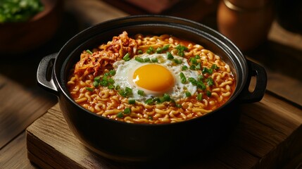 Noodles with egg, green onion, meat, beef, chicken and chili. Japanese ramen noodle  in black bowl, top view. Spicy Korean noodle soup in a bowl  overhead view on a wooden table.